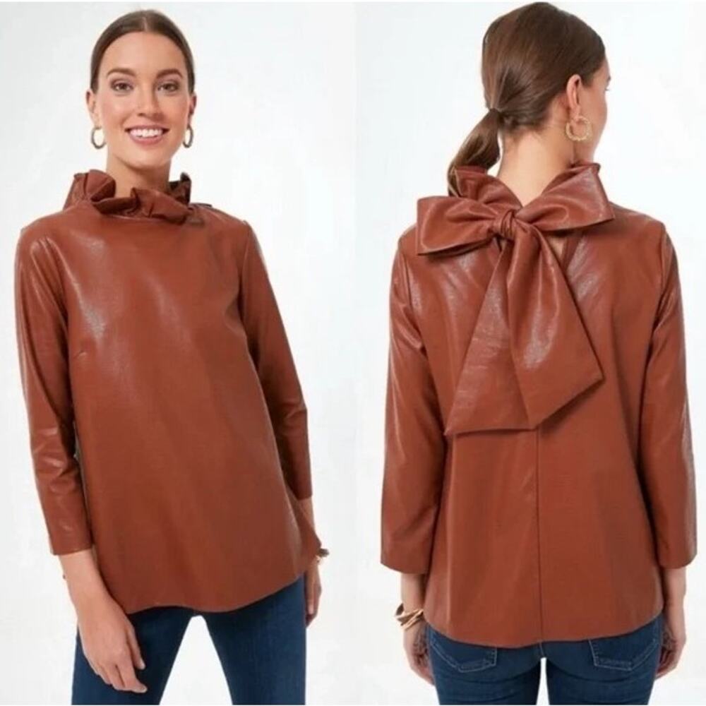 Tuckernuck Faye Faux Leather Blouse Top Cognac Brown Women’s Size XS Vegan Shirt